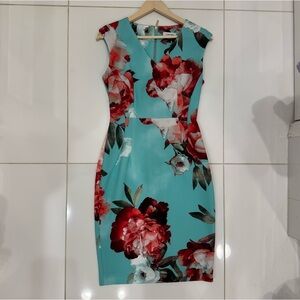 Calvin Klein Teal Floral Sheath Dress Size 6 Gold Zipper Cap Sleeve